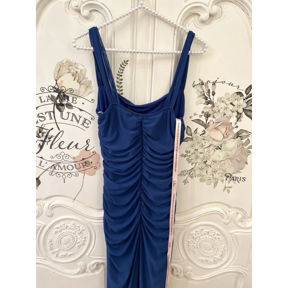 Lulus Amazing Presence Maxi Dress Blue Mesh Ruched Column Size M NWT - Picture 5 of 9